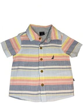 Nautica Baby 12M Pastel Striped Button Down Shirt 100% Cotton Short Sleeve